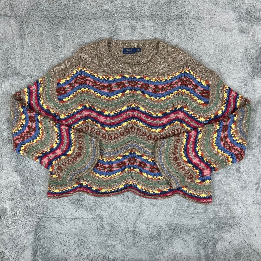 Polo Ralph Lauren Womens Wool Chevron Zig Zag Knit Sweater Brown Multi L